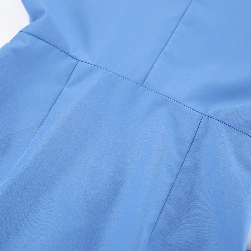 Spring Summer Casual Vitality Blue Collared Short Sleeve Slim Fit Sexy Design Dress Niche Office Dress