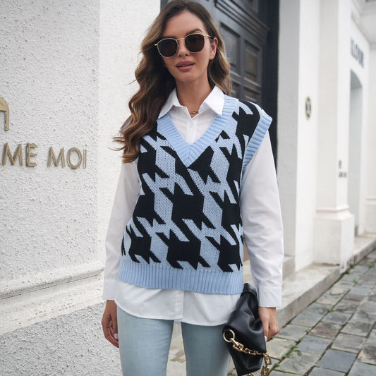 Houndstooth V-neck Vest Sweater Women Vest Outer Wear Inner Wear Autumn Winter Knitwear Sweater Boucle - Iyanka