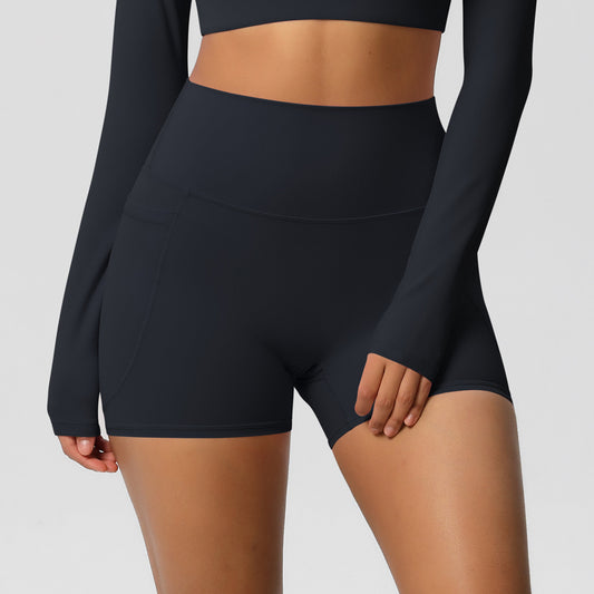 Solid Color Ribbon Pocket Yoga Pants Sports Fitness Shorts Breathable High Waist Belly Contracting Yoga Shorts for Women - Iyanka