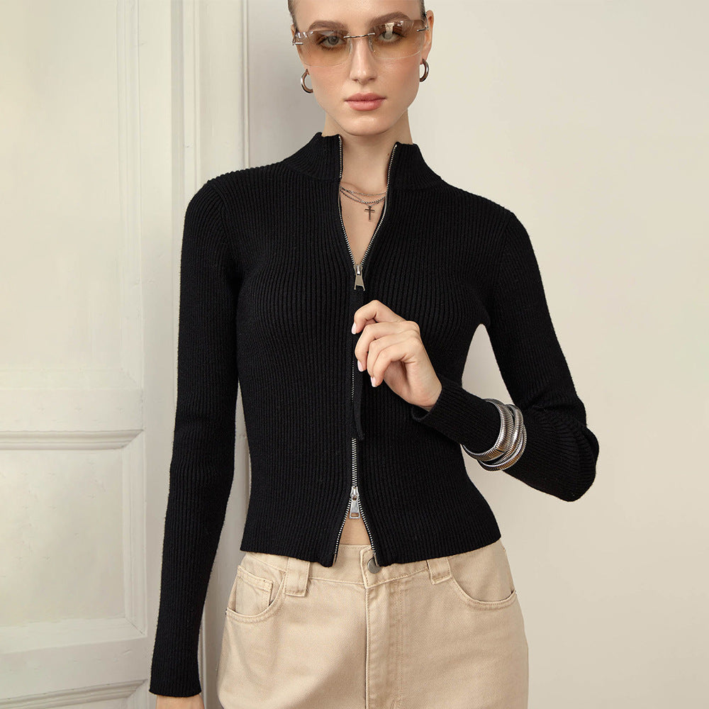 Stand up Collar Slim Fit Long Sleeved Coat Autumn Winter Double Zipper Cardigan Thermal Knitting Coat for Women - Iyanka
