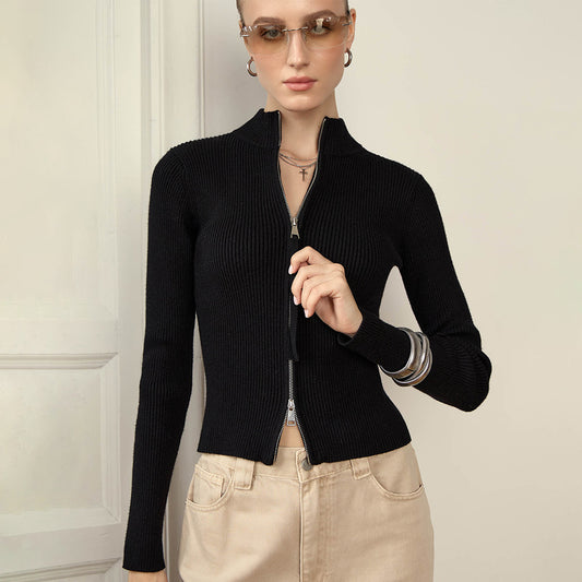 Stand up Collar Slim Fit Long Sleeved Coat Autumn Winter Double Zipper Cardigan Thermal Knitting Coat for Women - Iyanka