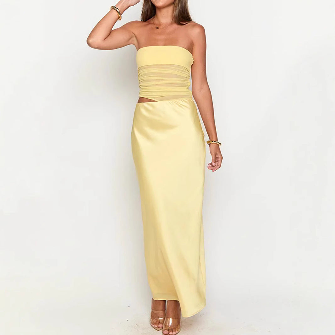 Sexy Tube Top Hollow Out Cutout Backless Yellow Dress French High Grade Satin Dress Sexy Summer Beautiful Dress - Iyanka