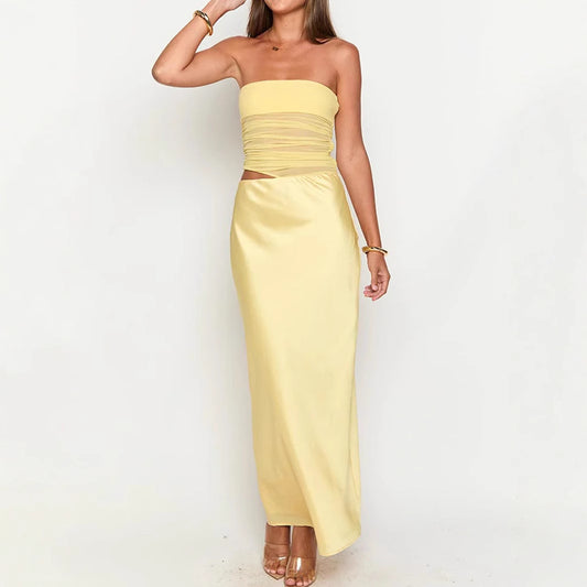 Sexy Tube Top Hollow Out Cutout Backless Yellow Dress French High Grade Satin Dress Sexy Summer Beautiful Dress - Iyanka