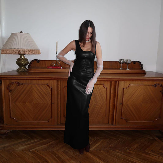 Autumn Sexy U Collar Slim Strap Faux Leather Solid Color Split Maxi Dress Women - Iyanka