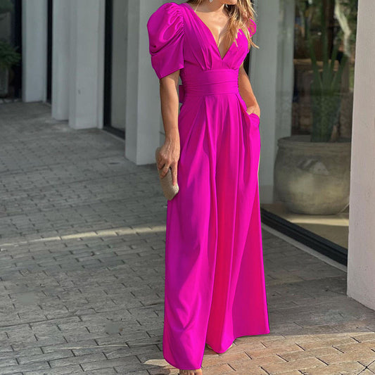 Women Clothing Short Sleeve Elegant Wide Legs Jumpsuit - Iyanka