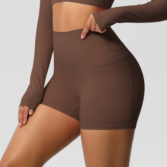 Solid Color Ribbon Pocket Yoga Pants Sports Fitness Shorts Breathable High Waist Belly Contracting Yoga Shorts for Women - Iyanka