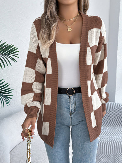 Autumn Winter Contrast Color Plaid Lantern Sleeve Cardigan Sweater Mid Length Coat Women Clothing - Iyanka