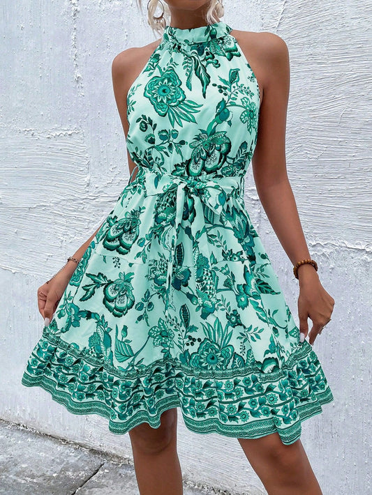 Summer Women Clothing Floral Tight Waist Halter Lace up Dress
