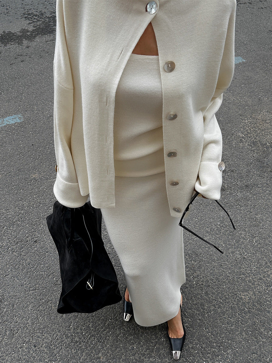Knitted Long Sleeve Cardigan Camisole Skirt Set Women Autumn Winter Sweater Three Piece Set - Iyanka