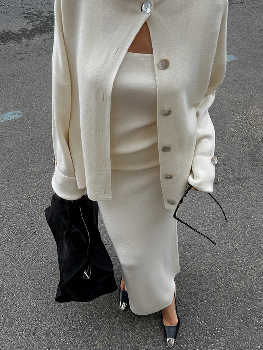 Knitted Long Sleeve Cardigan Camisole Skirt Set Women Autumn Winter Sweater Three Piece Set - Iyanka