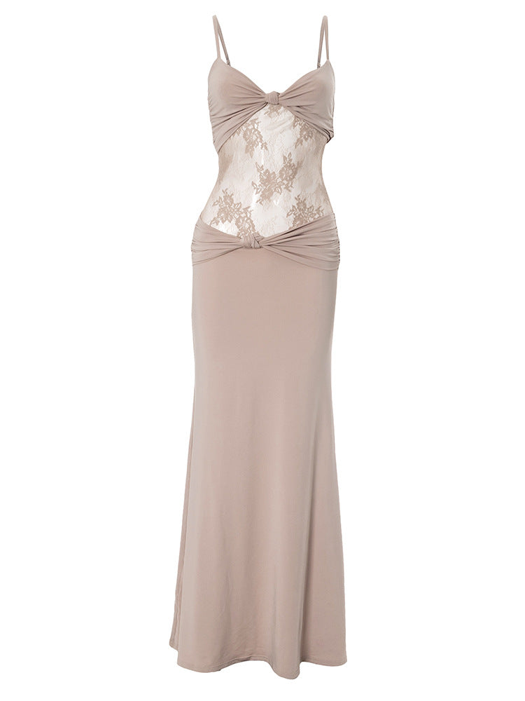 Women Clothing Sleeveless Backless Pleated Twist Slim Lace Stitching Maxi Dress