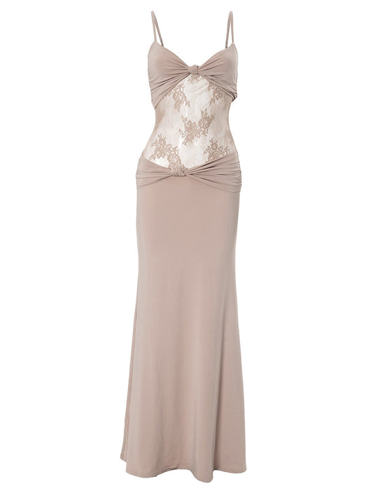 Women Clothing Sleeveless Backless Pleated Twist Slim Lace Stitching Maxi Dress