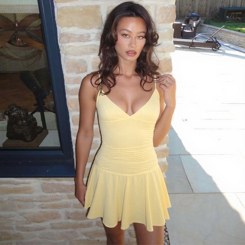 Summer Sexy V neck Solid Color Fresh Air Slim Short Princess Sling Dress
