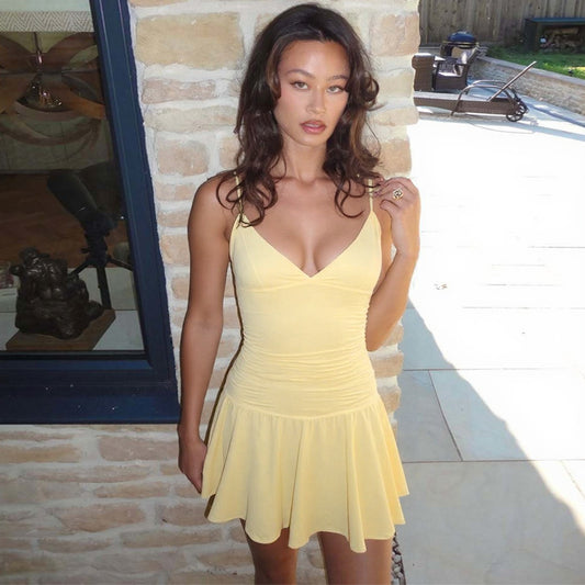 Summer Sexy V neck Solid Color Fresh Air Slim Short Princess Sling Dress