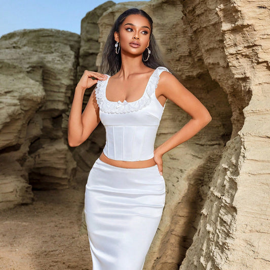 Summer Lace Maxi Dress Sleeveless Back Tied Top Exquisite Elegant Slim Small Trailing Skirt Set - Iyanka