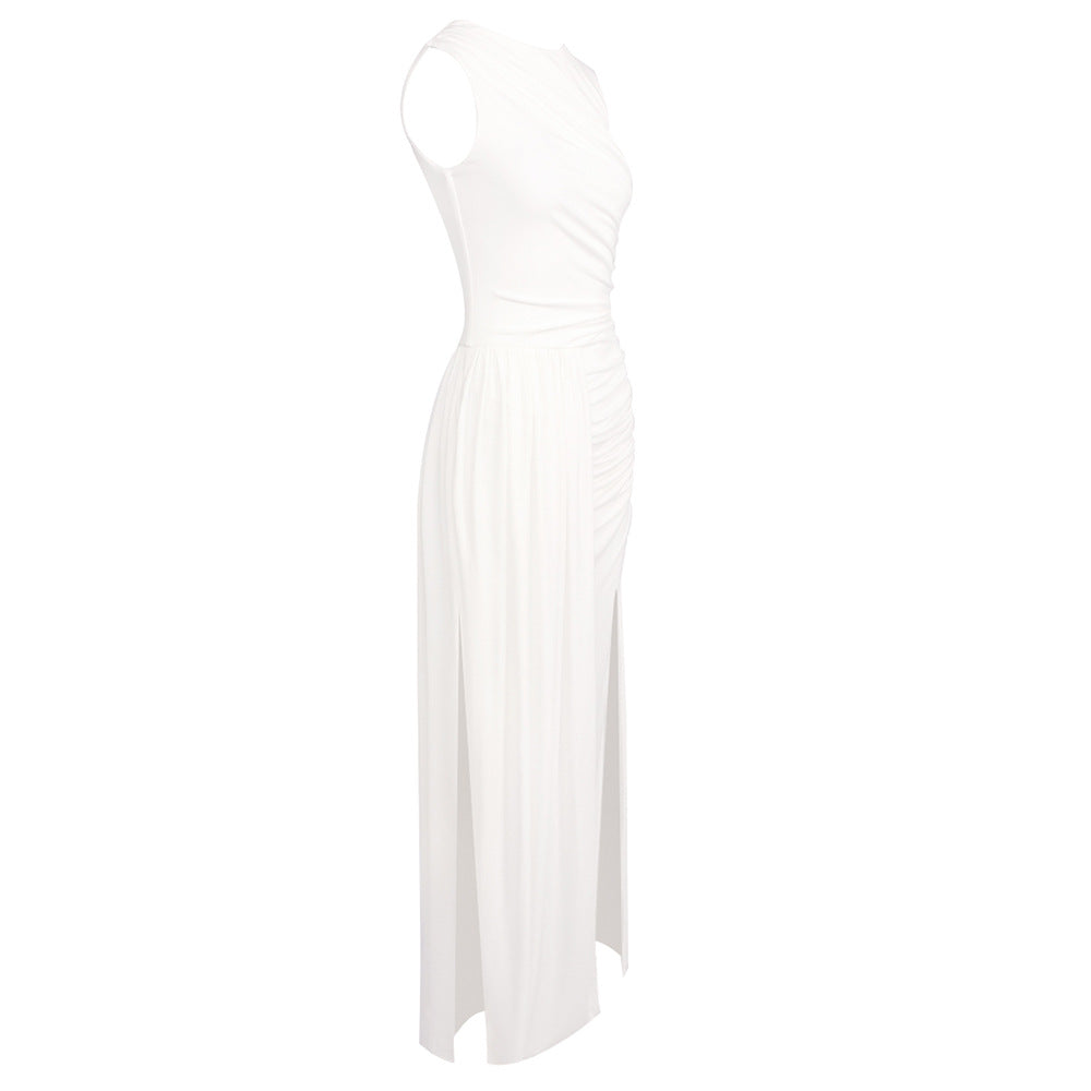 Hip Dress Summer Solid Color Dress round Neck Sleeveless Split Irregular Asymmetric Maxi Dress