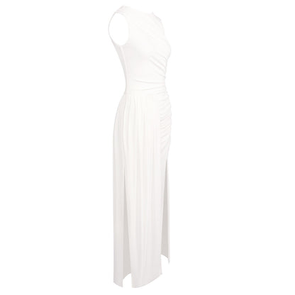Hip Dress Summer Solid Color Dress round Neck Sleeveless Split Irregular Asymmetric Maxi Dress