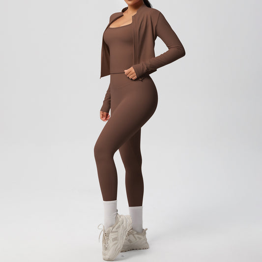 Skinny Yoga Pants High Waist Nude Feel Camisole Sports Zip Long Sleeve Coat Workout Clothes Three Piece Set - Iyanka