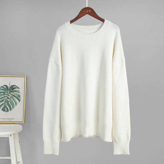Round Neck Sweater Women Autumn Winter Loose Pullover Sweater Simple Solid Color Sweater - Iyanka