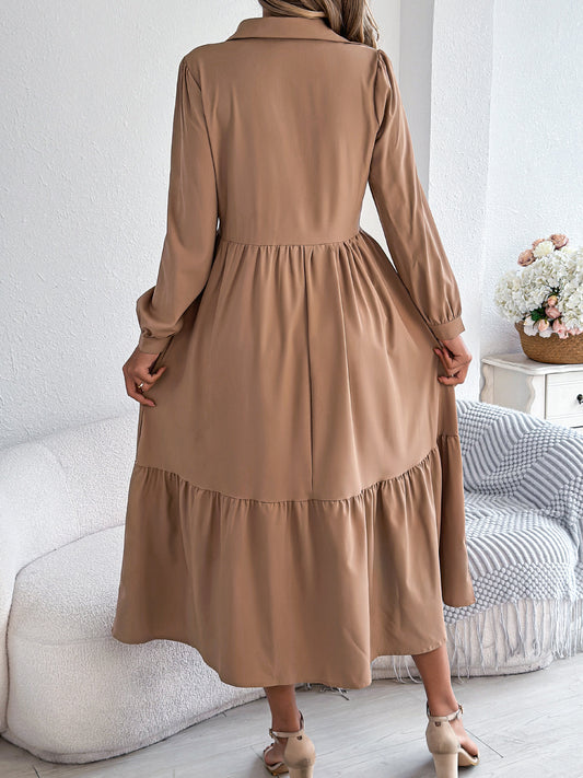 Autumn Winter Collared Casual Loose Long Sleeve Ruffled Shirt Dress Women Clothing