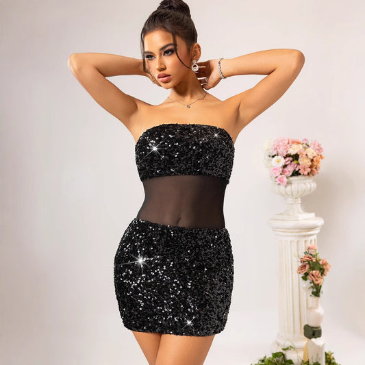 Sexy Backless Mesh Stitching Sequin Dress Women Clothing Dress - Iyanka