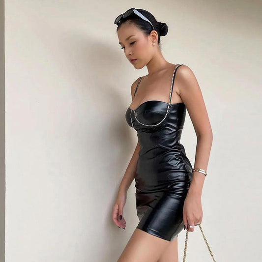 Women Clothing Leather Imitation Drill Chain Autumn Winter Sexy Slim Strap Sheath Dress - Iyanka