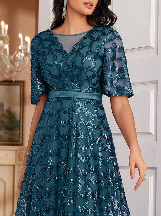 Sequin A line Elegant Square Collar Short Sleeve Party Dress Boning Corset Waist-Tight Dinner Ball Gown - Iyanka