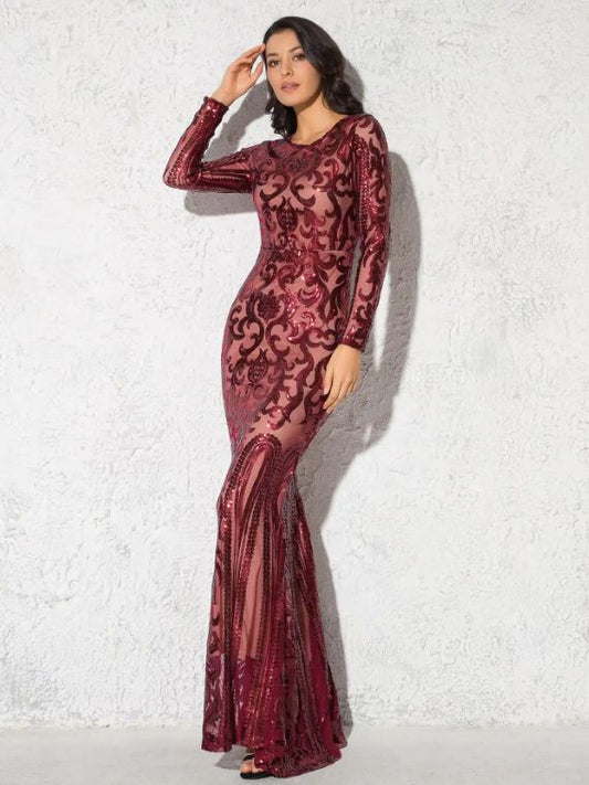 Middle East Long Sleeve Sequin Dress Long Slim Fit Hip Wrapped Cocktail Dress - Iyanka