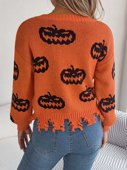 Autumn Winter Halloween Contrast Color Pumpkin Cut Rotten Long Sleeve Pullover Women Clothing - Iyanka