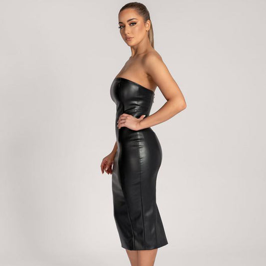Autumn Winter Solid Color Faux Leather Elegant Slim-Fit Tube Top Back Slit Sexy Midi Dress - Iyanka
