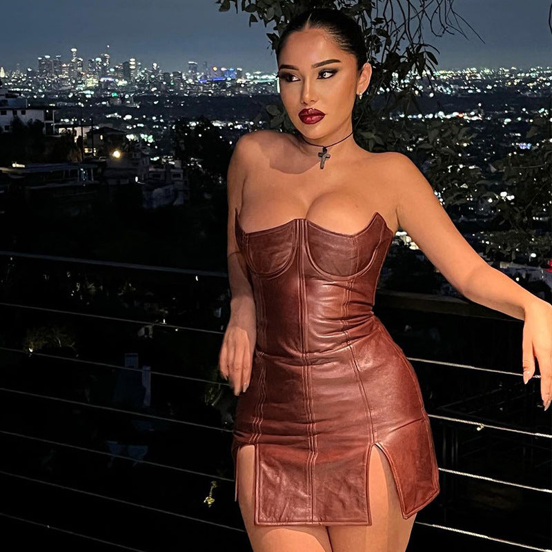 Women Clothing Faux Leather Personality Off Neck Low Cut Sexy Tight Sleeveless Backless Dress - Iyanka