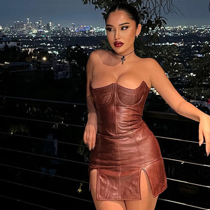 Women Clothing Faux Leather Personality Off Neck Low Cut Sexy Tight Sleeveless Backless Dress - Iyanka
