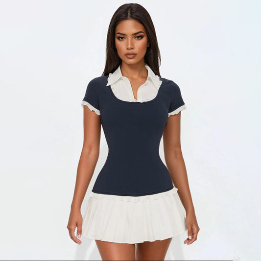 Women Clothing Preppy Collared Shirt Contrast Color Pullover Dress Short Dress Waist Tight A line Pleated Dress