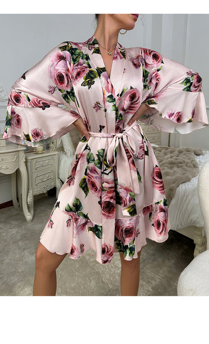 Sexy Underwear Ruffled Emulation Silk Nightgown Cardigan Bathrobe Home Wear Pajamas Women - Iyanka