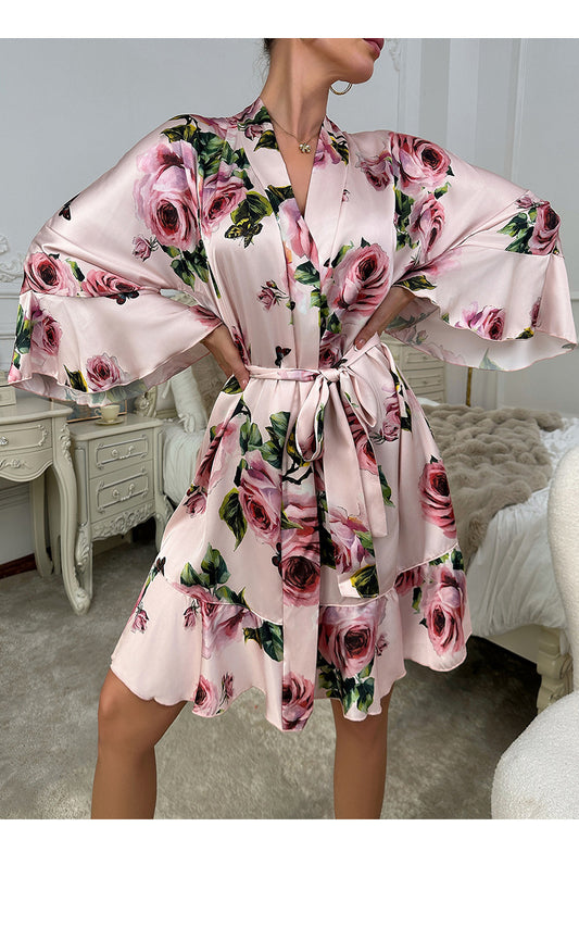Sexy Underwear Ruffled Emulation Silk Nightgown Cardigan Bathrobe Home Wear Pajamas Women - Iyanka