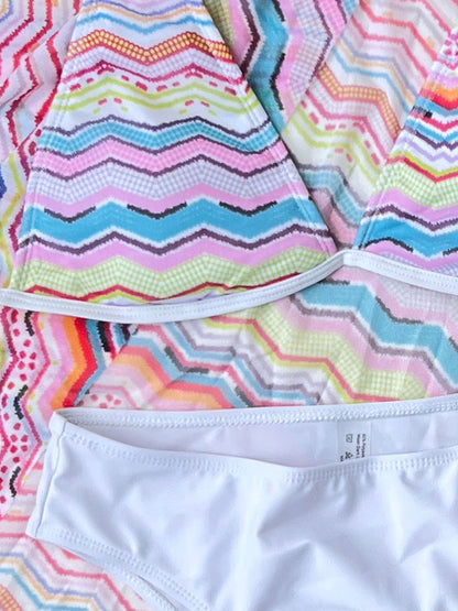 Sexy Bikini Skirt Three Piece Sets Striped Printed High Waist Split Swimsuit Women - Iyanka
