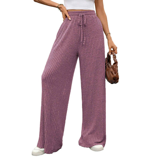 Autumn Winter Solid Color Drawstring Sunken Stripe Brushed Elastic Waist Casual Trousers
