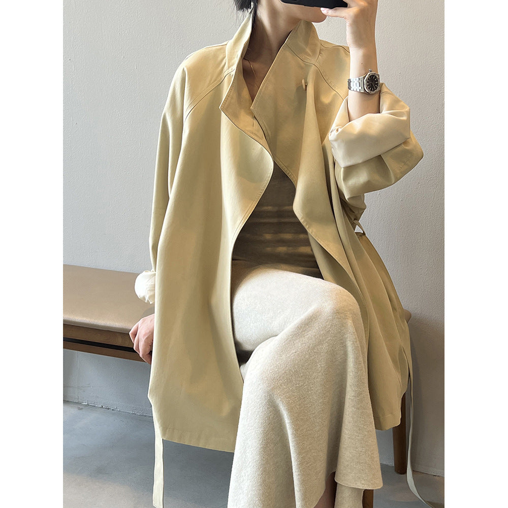 Retro Elegant Mid Length Trench Coat Women Spring Loose Waist Stand Collar Top - Iyanka