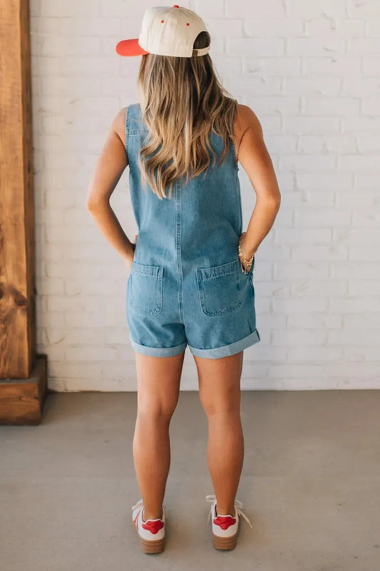 Women Wear Solid Color Polo Collar Sleeveless Zipper Denim Jumpsuit - Iyanka
