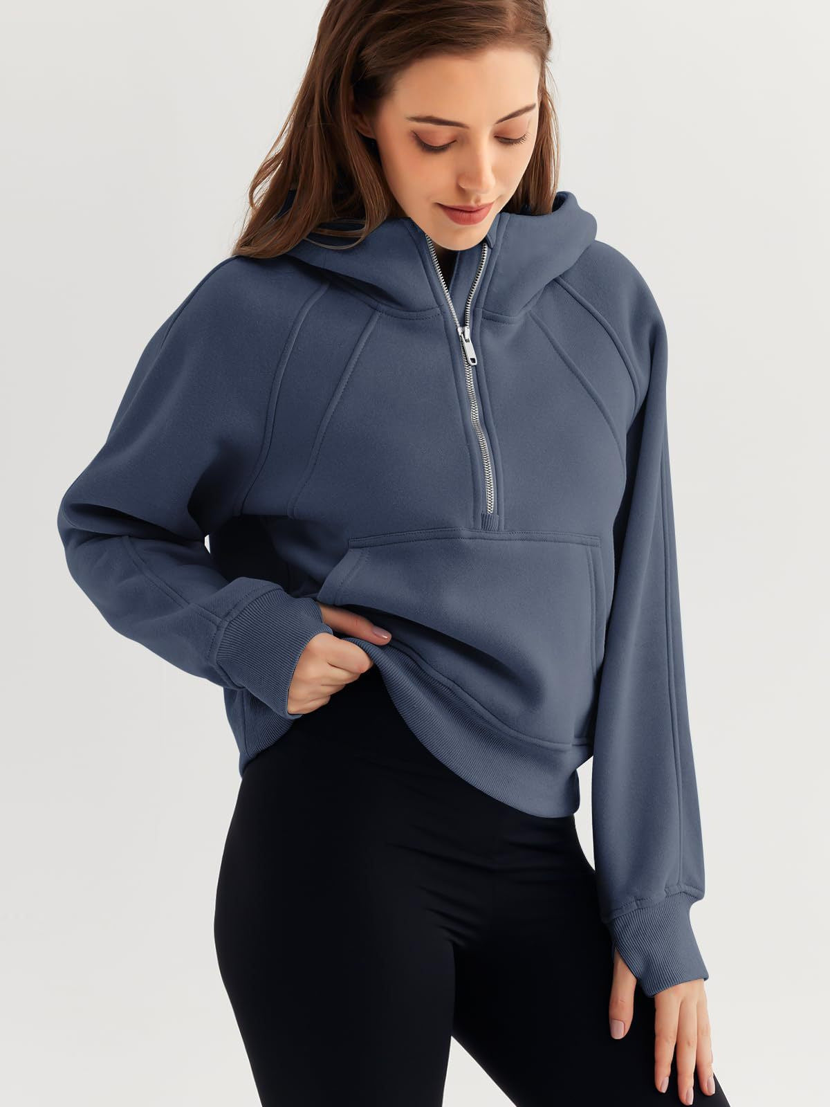 Half Zipper Pullover Hooded Sweatshirt Fleece Short Chic Scuba Sweater for Women - Iyanka