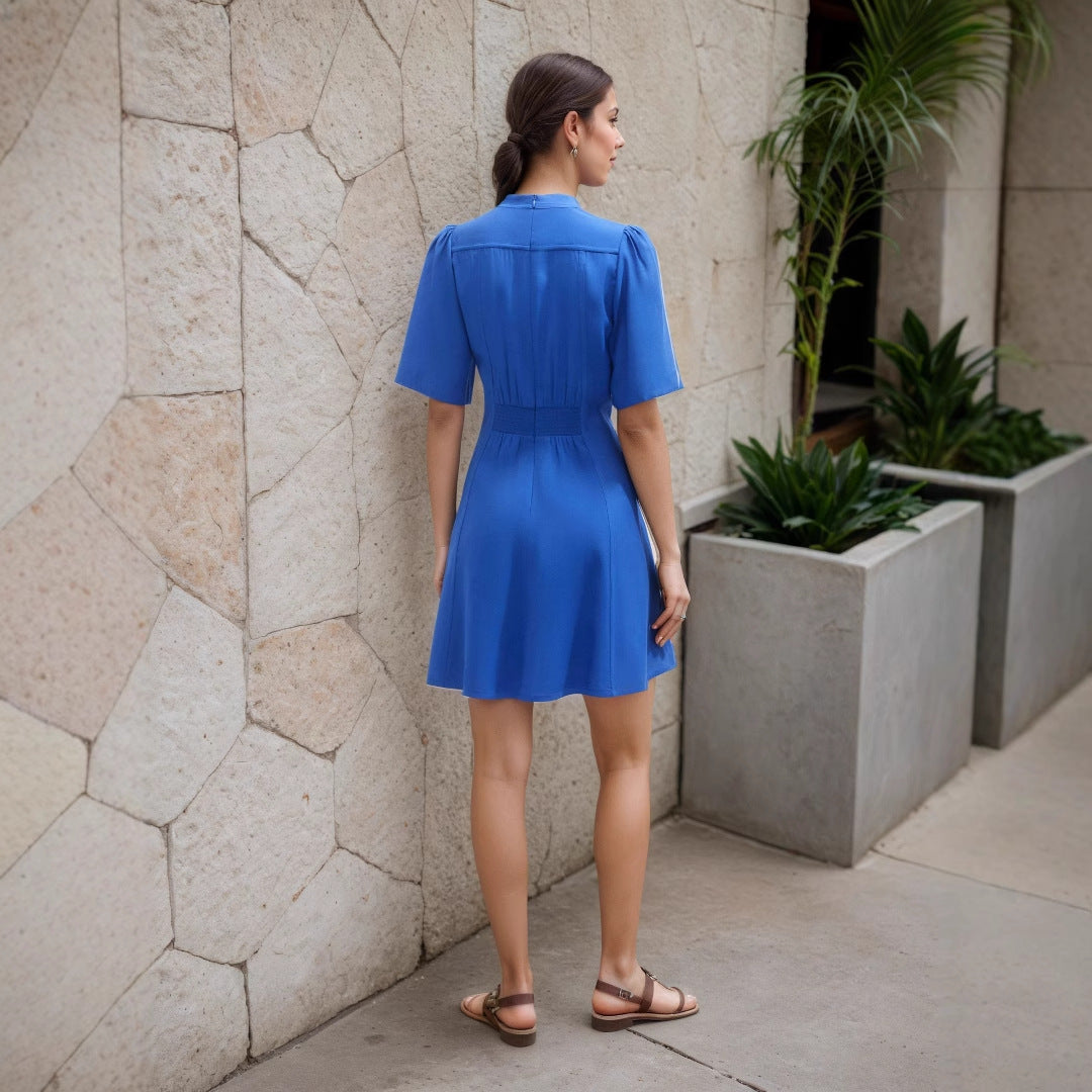 Blue V neck Cut Trim Neck Pocket Embellished A line Dress Swing Natural Scattered Women Dress