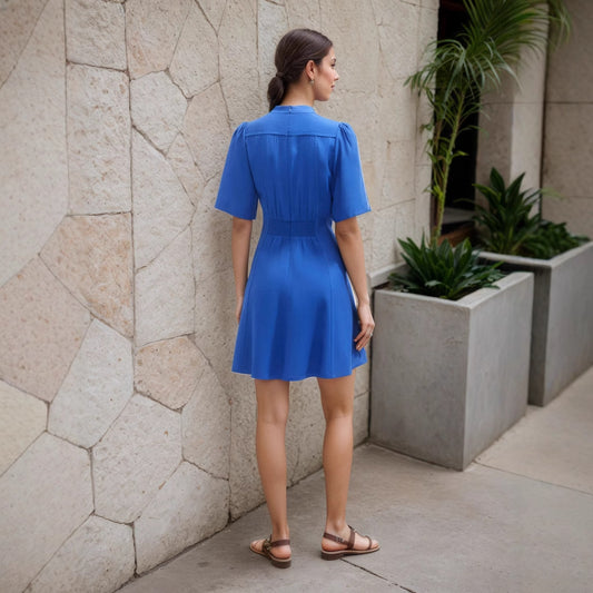 Blue V neck Cut Trim Neck Pocket Embellished A line Dress Swing Natural Scattered Women Dress