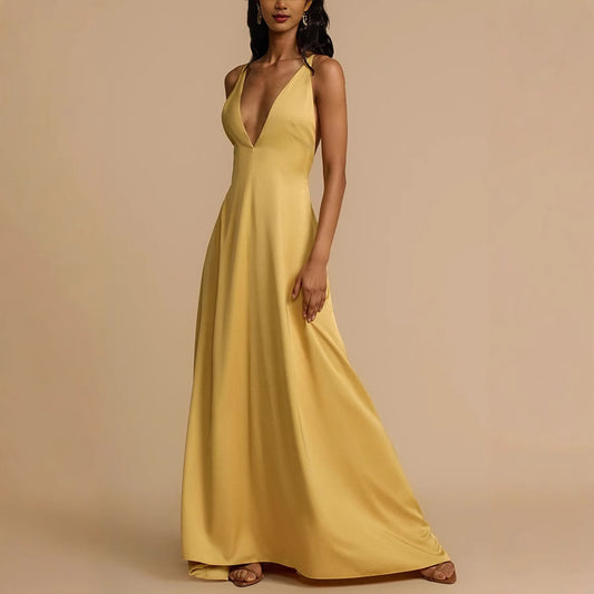 Summer Sexy Backless V neck Satin Maxi Dress Women - Iyanka