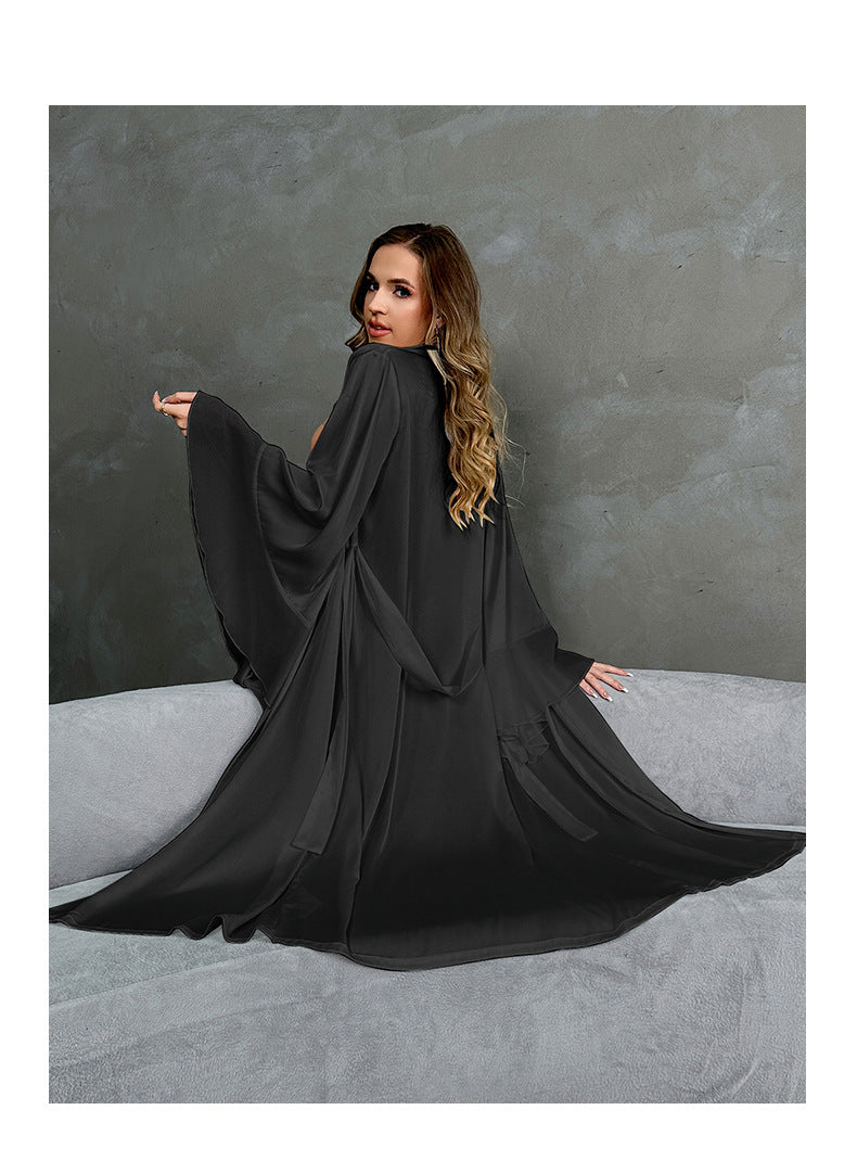 Satin Pajamas Women Long Sleeved Ruffled Chiffon Stitching Nightgown Bathrobe Home Wear Women - Iyanka