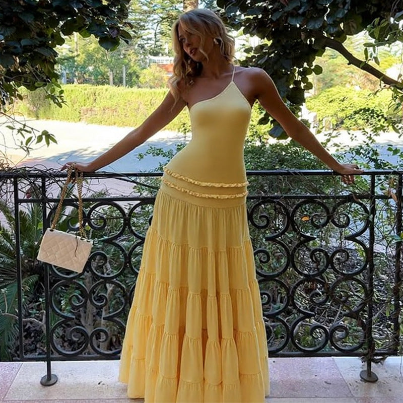 Sexy Hollow Out Cutout out Backless Stitching Tied One Shoulder Pleated Multi Layer Maxi Dress Women