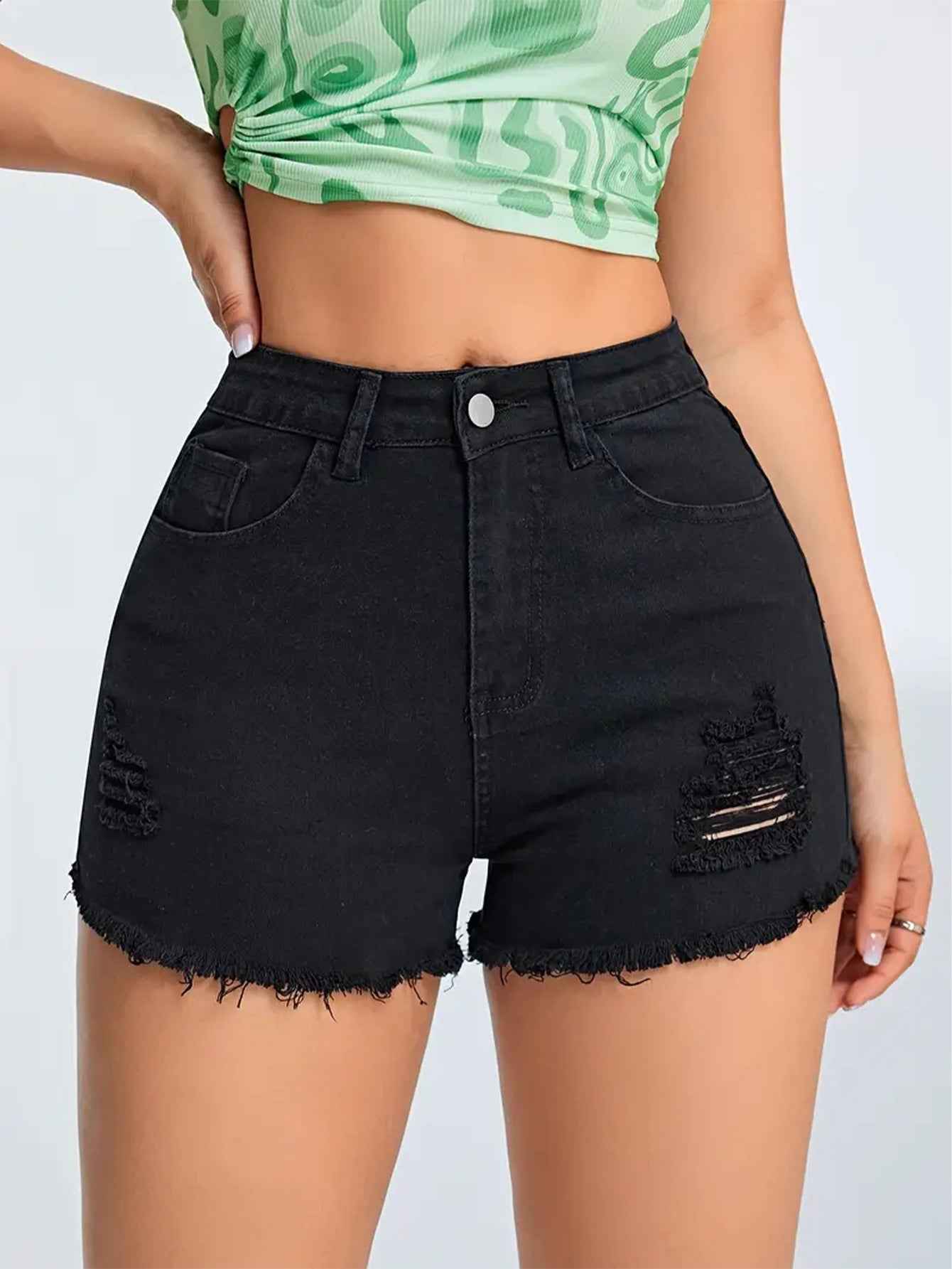 Ripped Black Denim Casual Slim Fit Figure Flattering Multi Craft Design Women Denim Shorts Denim Shorts Shorts