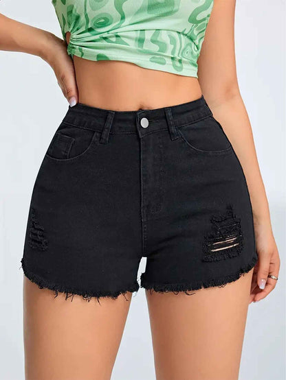 Ripped Black Denim Casual Slim Fit Figure Flattering Multi Craft Design Women Denim Shorts Denim Shorts Shorts