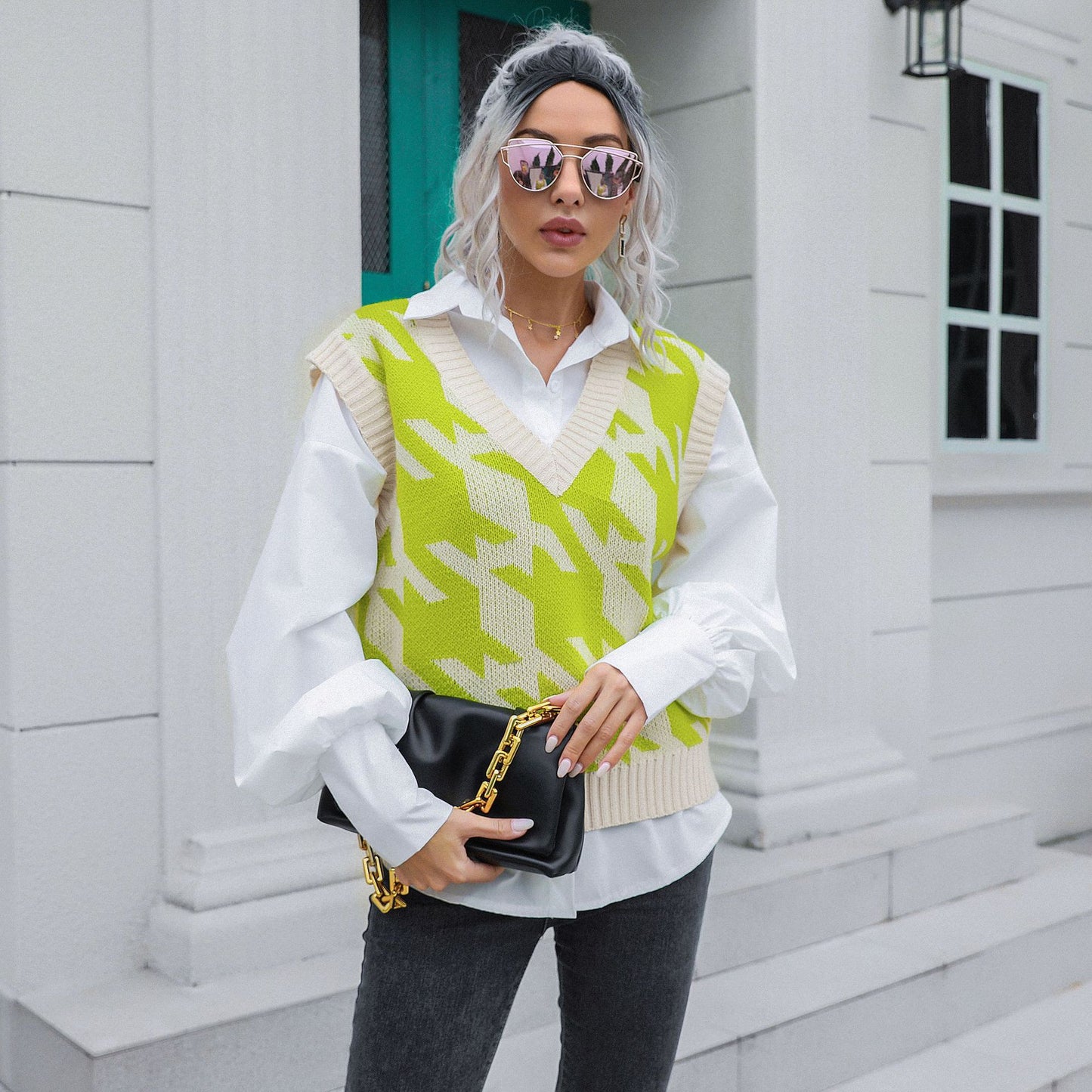 Houndstooth V-neck Vest Sweater Women Vest Outer Wear Inner Wear Autumn Winter Knitwear Sweater Boucle - Iyanka