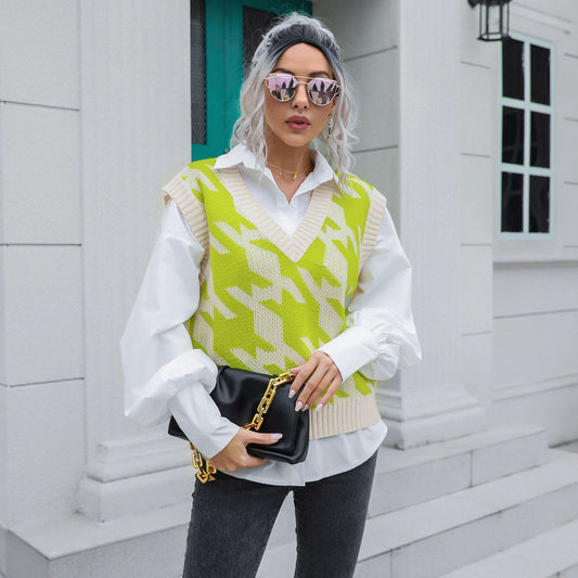 Houndstooth V-neck Vest Sweater Women Vest Outer Wear Inner Wear Autumn Winter Knitwear Sweater Boucle - Iyanka
