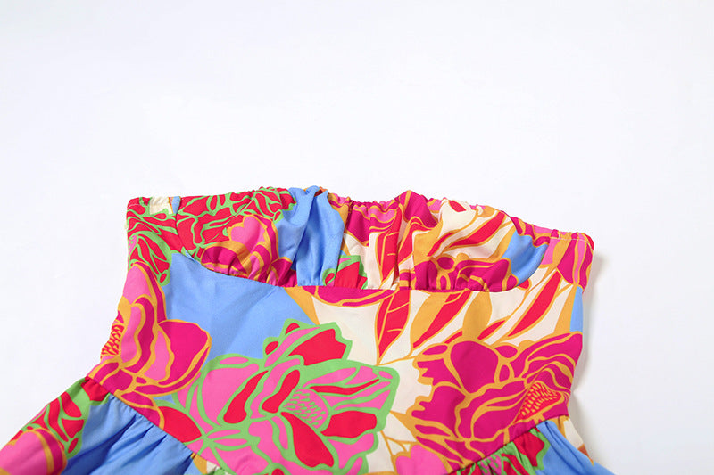 Summer Women Sexy Tube Top Cinched Waist Backless Printing Dress